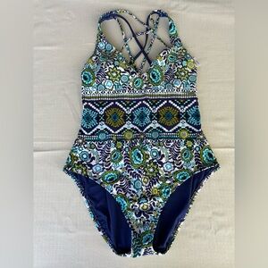 Women’s Floral Geometric One-Piece Swimsuit - Navy, Teal & Green